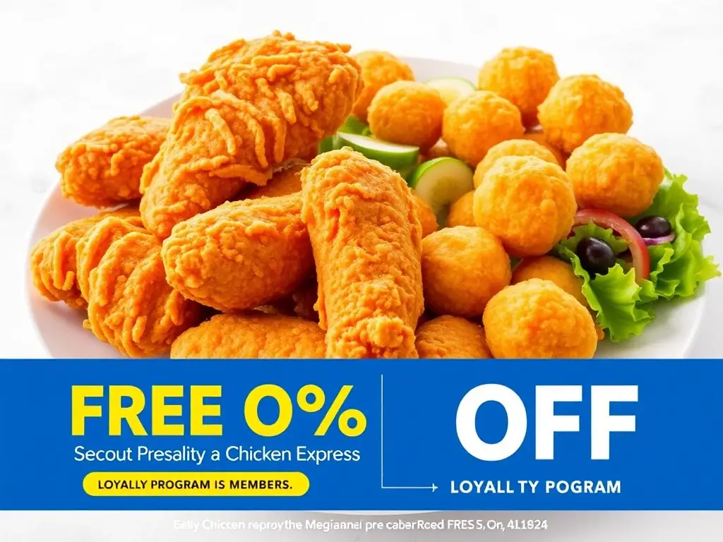 An enticing image of a freshly prepared Chicken Express meal, highlighting a special discount offer exclusively for loyalty program members.