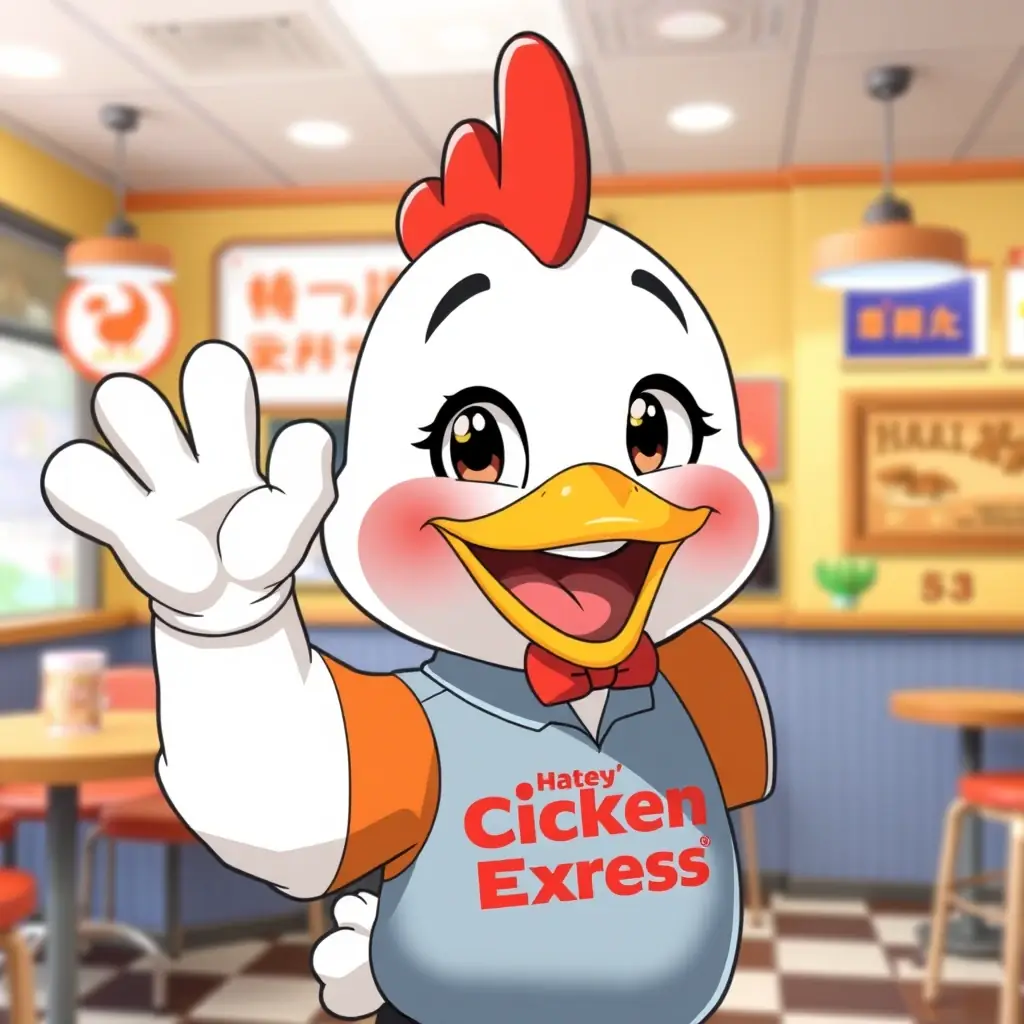 A friendly cartoon chicken mascot wearing a Chicken Express uniform smiles and waves.