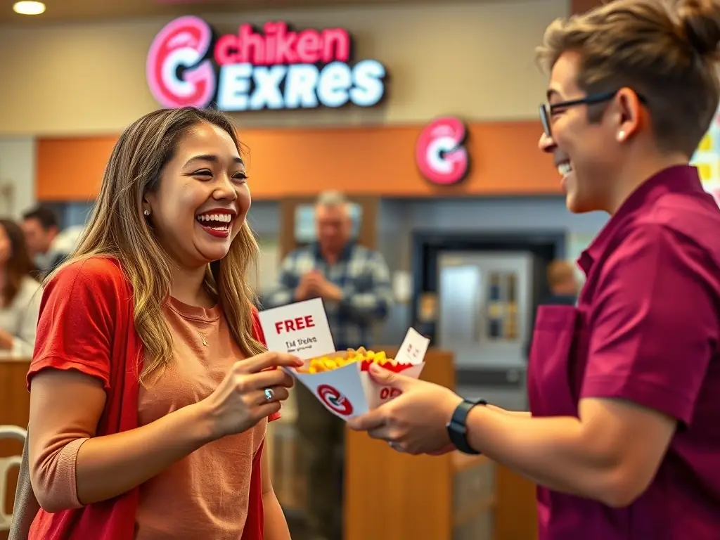 A customer redeeming a reward at Chicken Express, happily receiving a free item.