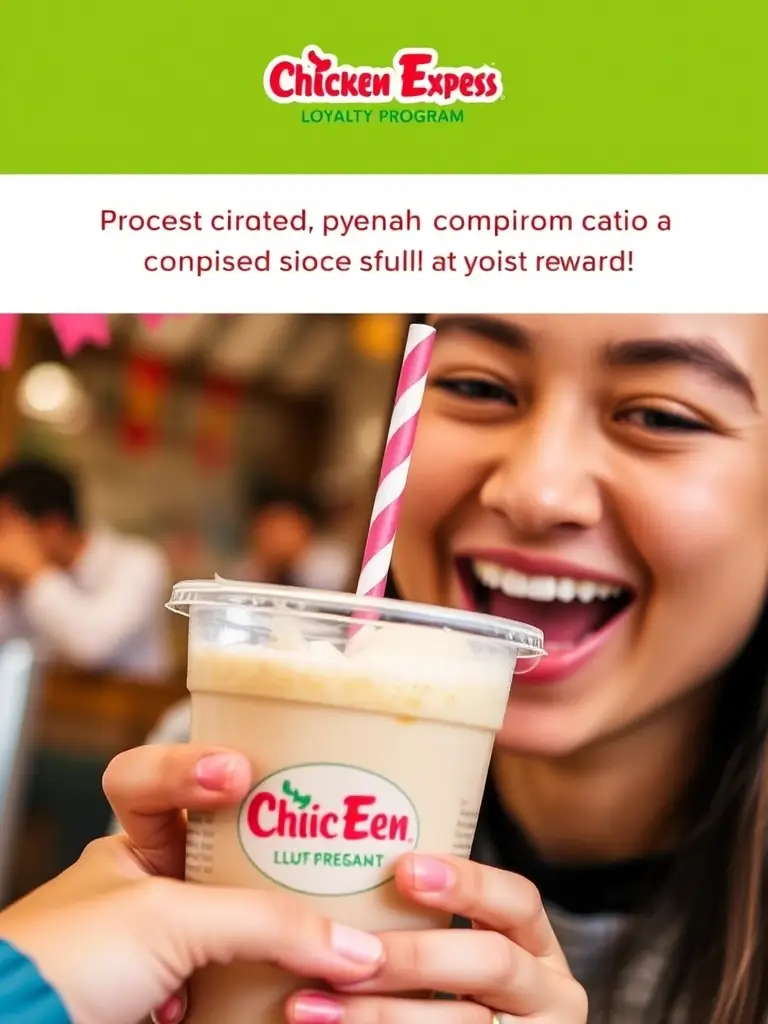 A close-up shot of a Chicken Express loyalty program member receiving a free drink as a birthday reward, with a happy expression.