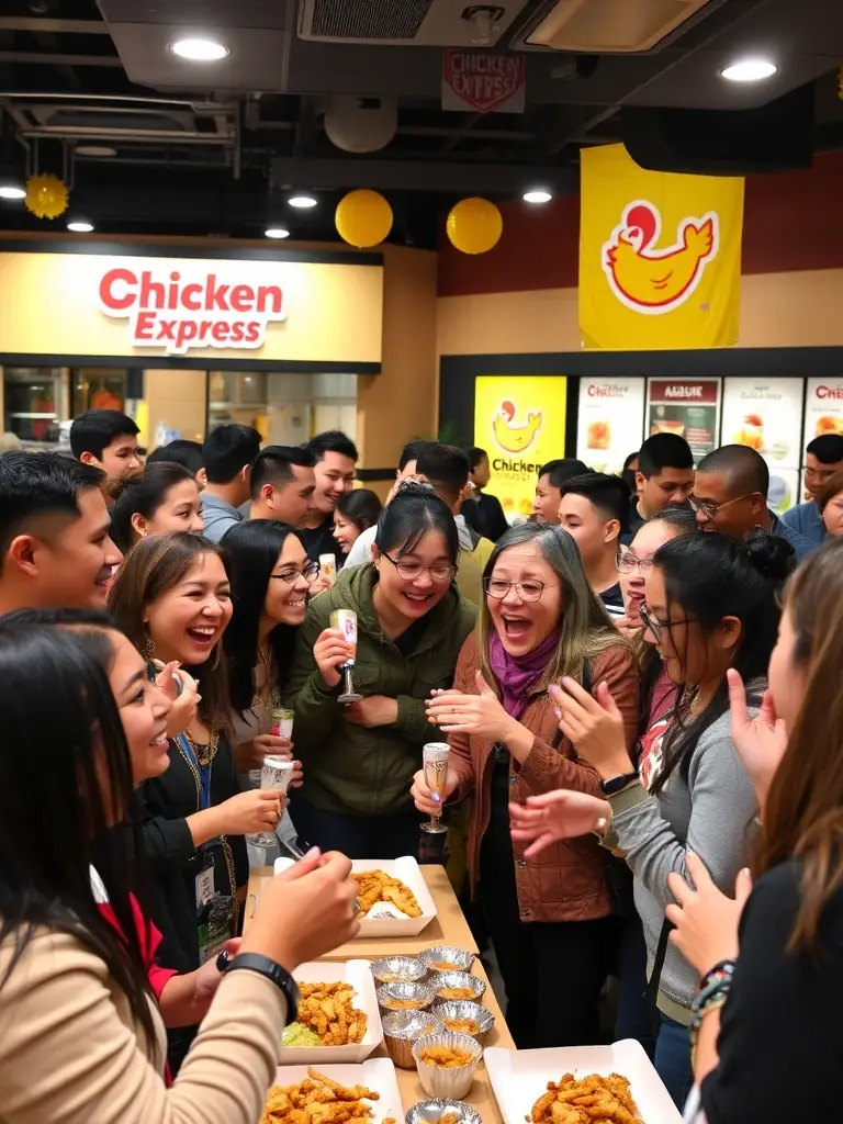 A group of Chicken Express loyalty program members receiving early access to a new menu item tasting event.