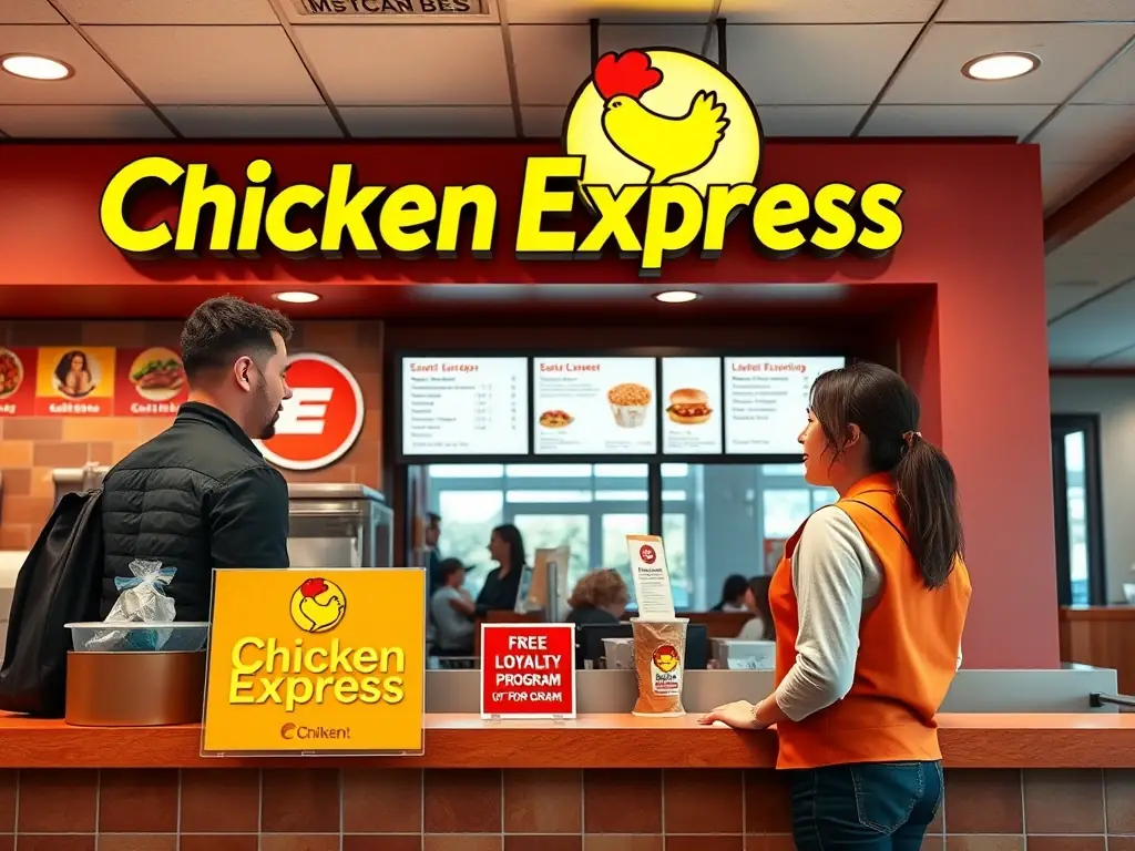 A customer placing an order at the Chicken Express counter, with a visible sign promoting the loyalty program.