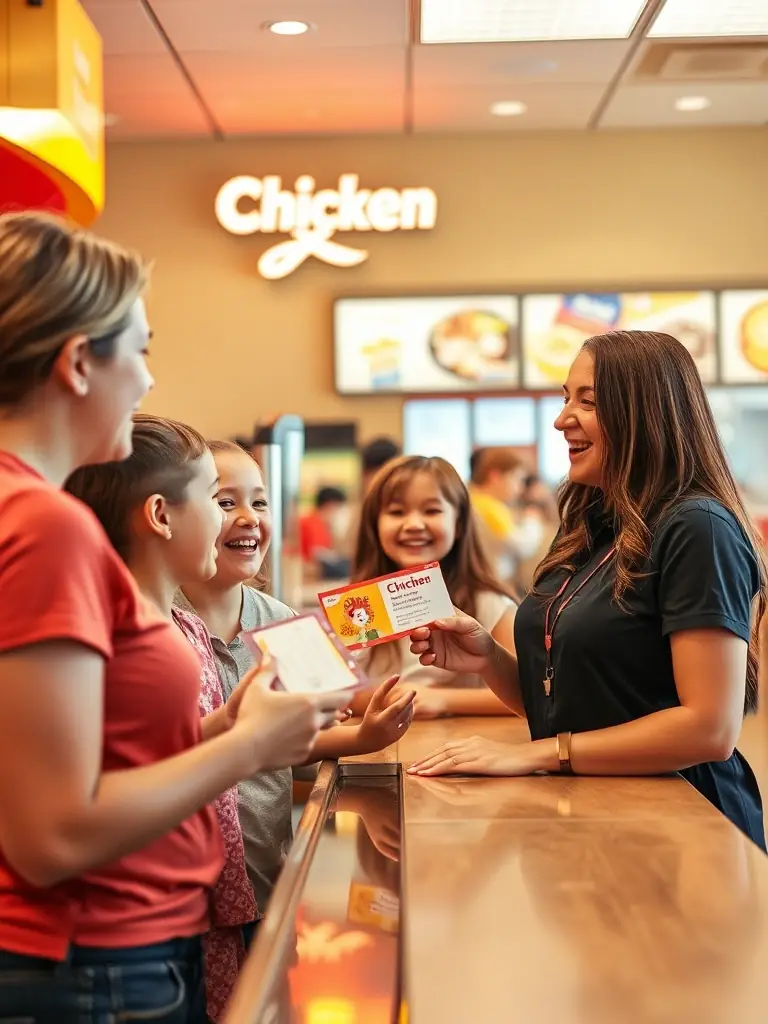 An image of a Chicken Express customer receiving a special discount or free item as part of a loyalty program promotion, highlighting the exclusive perks.