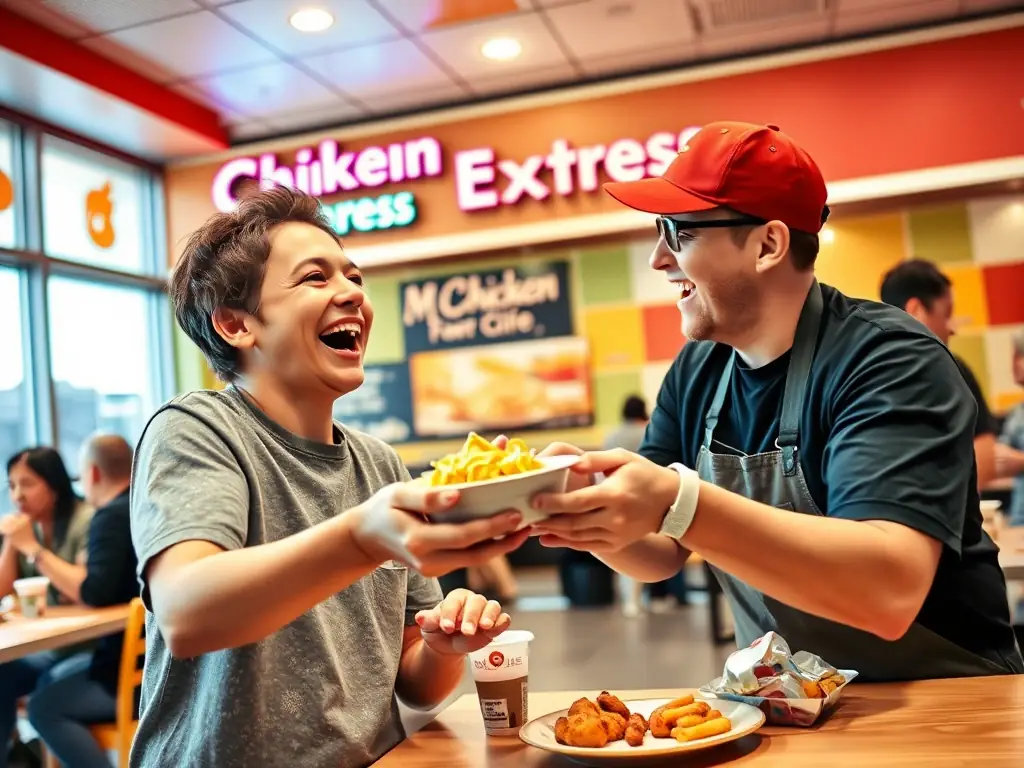A vibrant image of a Chicken Express customer receiving a free side dish, highlighting the extra value they get from being a loyalty program member.
