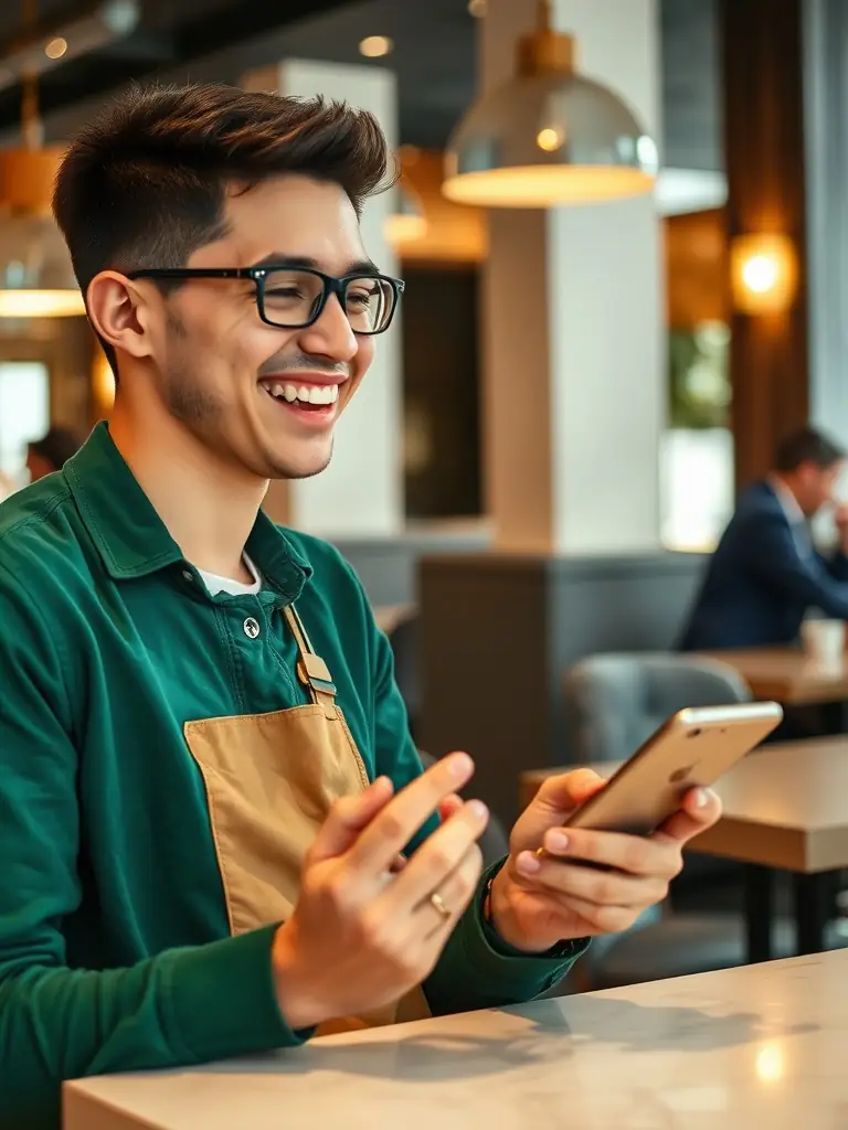A Chicken Express customer using the app to redeem points for a free meal, with a focus on the ease of use.