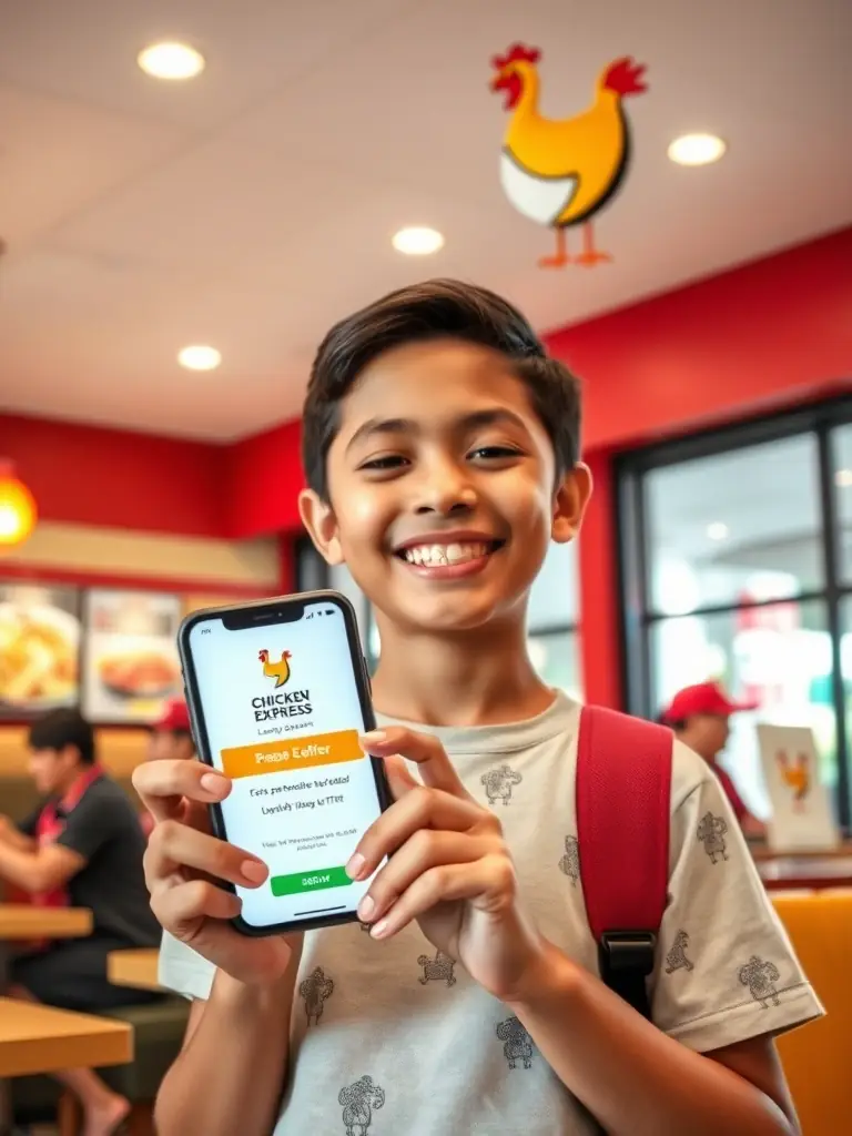 A photo of a Chicken Express employee handing a customer a special birthday treat, showcasing the personalized birthday reward.