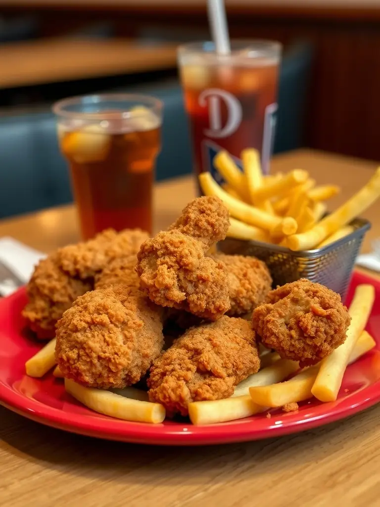 A close-up shot of a crispy Chicken Express fried chicken meal with golden fries and a drink, emphasizing the deliciousness and value of a free meal reward.