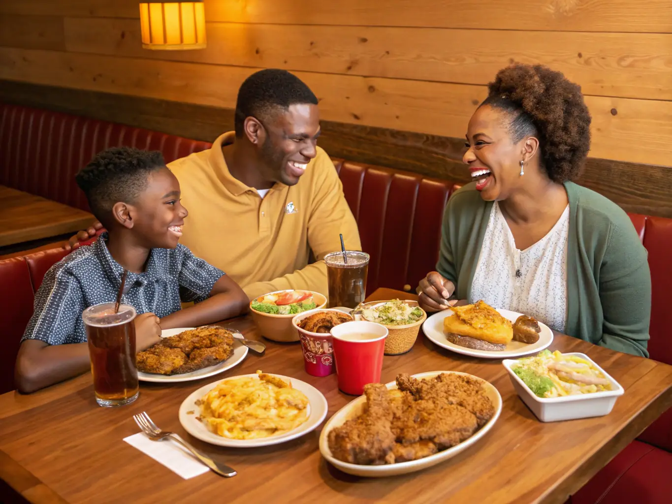A happy family is shown enjoying a Chicken Express meal at a restaurant table, with the father holding up his phone displaying the Chicken Express app with loyalty points.