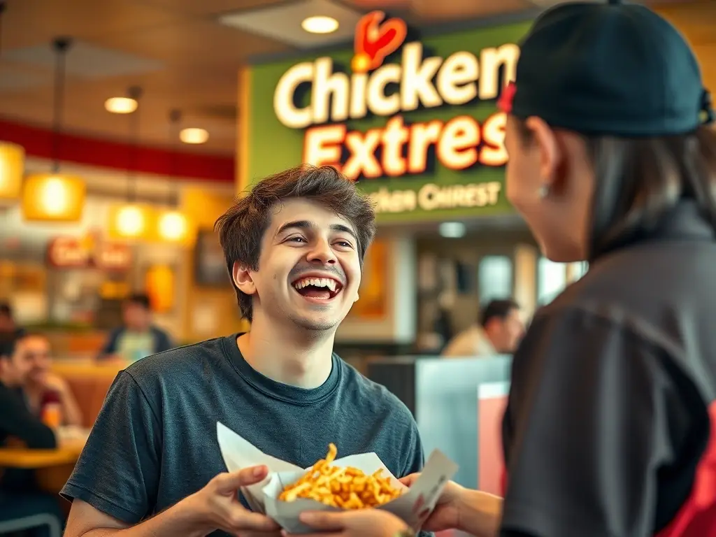 A celebratory image of a customer receiving a special birthday treat at Chicken Express, emphasizing the personalized rewards.