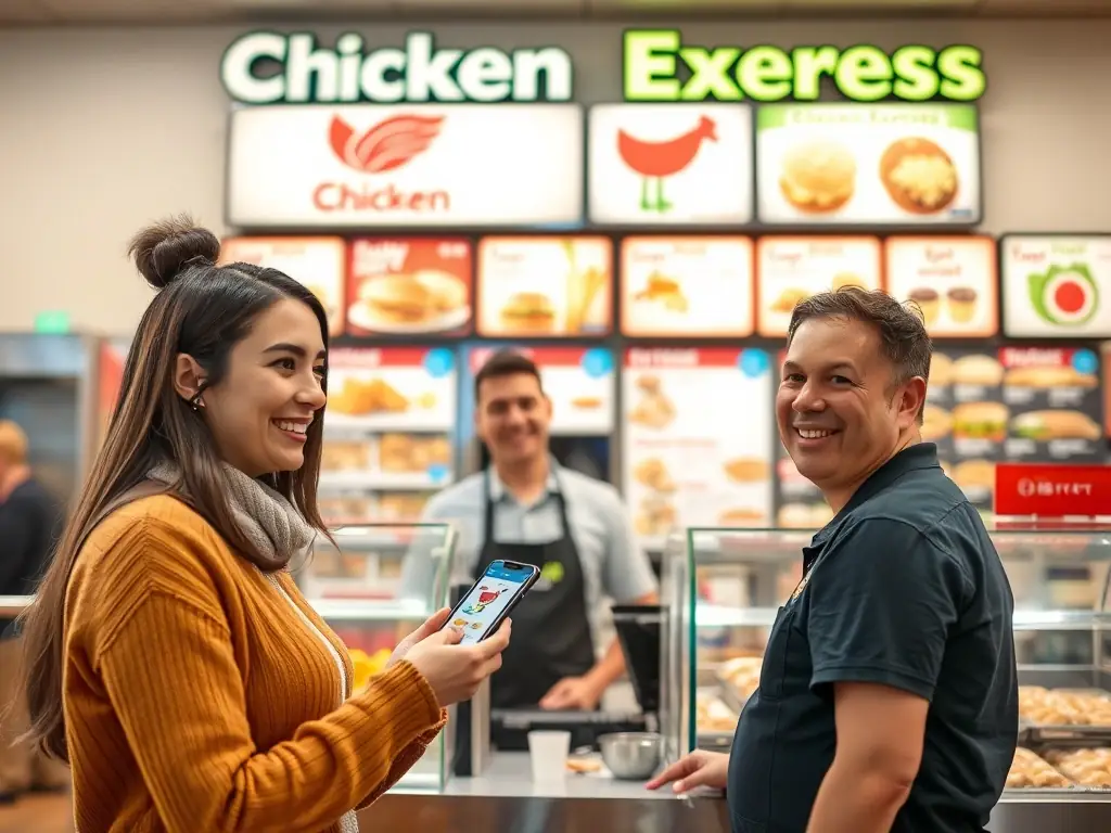 A Chicken Express employee is handing a customer their order at the drive-thru window. The customer is smiling and holding up their phone with the Chicken Express app open, showing their loyalty points balance.
