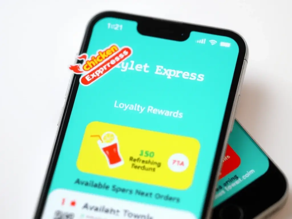 A smartphone displaying the Chicken Express app, highlighting the points balance and recent transactions. The interface is clean and user-friendly.