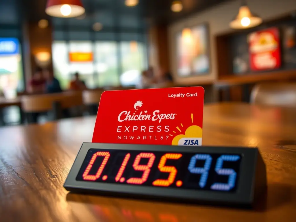 A close-up shot of a Chicken Express loyalty card with points accumulating on a digital display, emphasizing the ease of earning rewards.