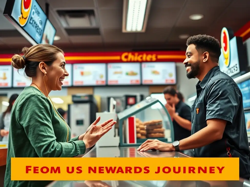 A customer placing an order at the Chicken Express counter, with a friendly employee assisting them. The scene should be bright and inviting, showcasing the ease of ordering.