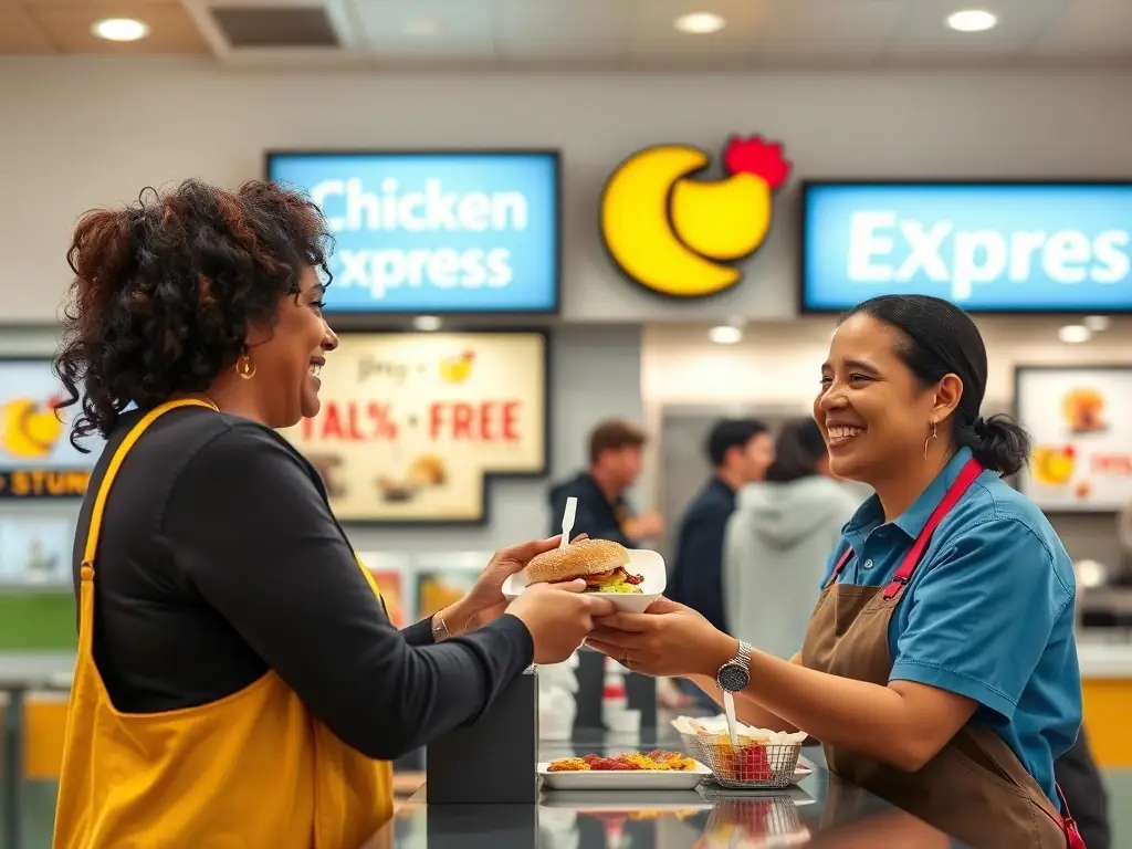 A customer happily redeeming a free meal at Chicken Express, showcasing the joy of receiving rewards. The scene should be filled with excitement and satisfaction.